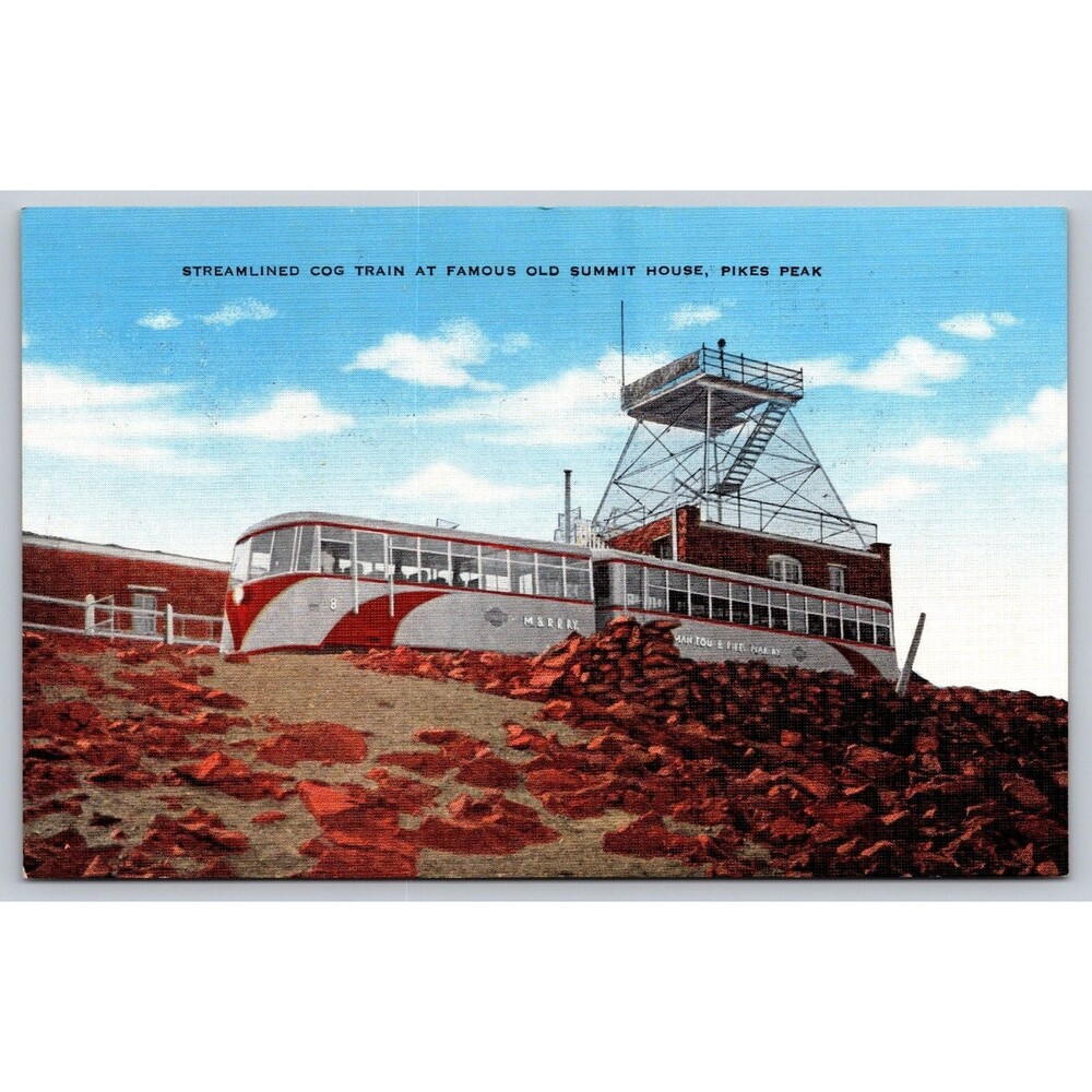 Vtg Linen Postcard Pikes Peak CO Streamlined Cog Train Old Summit House Kropp